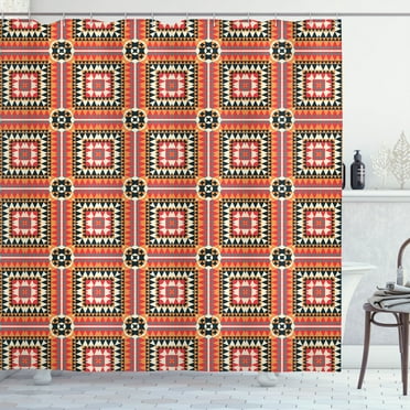 Ambesonne Tribal Shower Curtain, Geometric Ethnic Pattern Art, 69"Wx84"L, Dark Yellow Scarlet and Teal