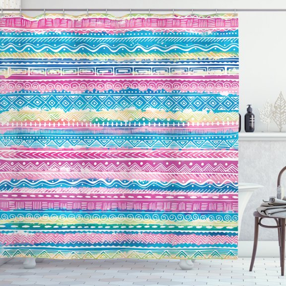 Ambesonne Tribal Shower Curtain, Watercolor Aztec Stripes, 69"Wx75"L, Blue Pink Cream
