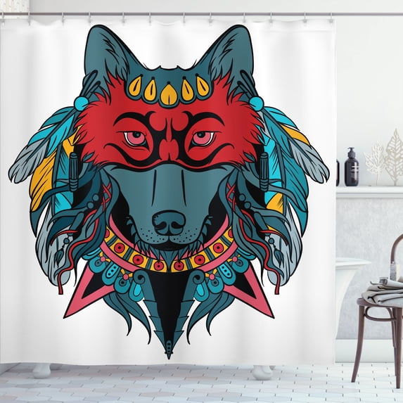 Ambesonne Tribal Shower Curtain, Wolf Animal Theme, 69"Wx84"L, Teal White and Red