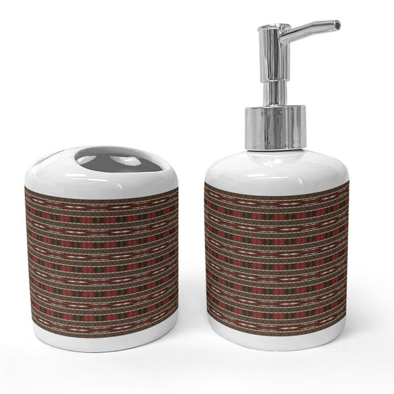 Ambesonne Tribal Soap Dispenser & Toothbrush Holder Set, Ikat Style, 2 Pcs, Black Ruby White