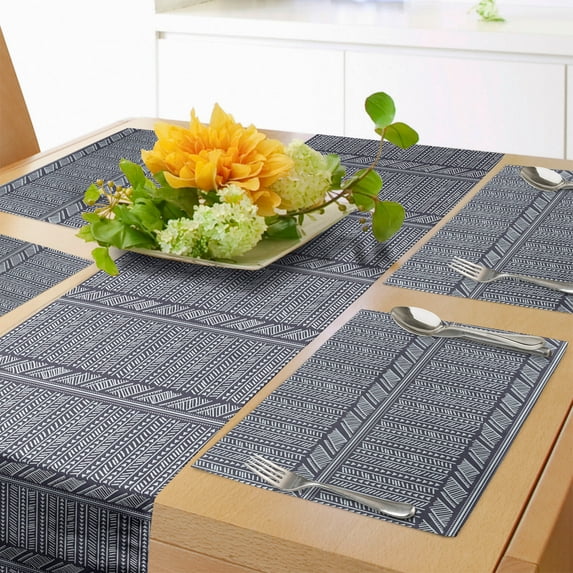 Ambesonne Tribal Table Runner & Placemats, Mini Triangles and Streaks, Placemat 4 pcs + Runner 14"x90", Dark Indigo Pale Blue