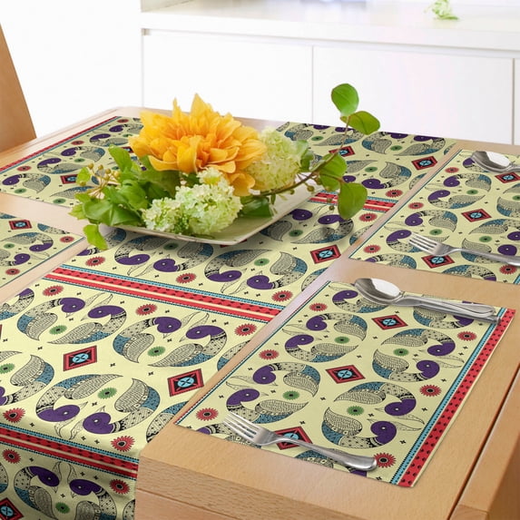 Ambesonne Tribal Table Runner & Placemats, Peacock Pattern, Placemat 4 pcs + Runner 14"x72", Cream and Purple