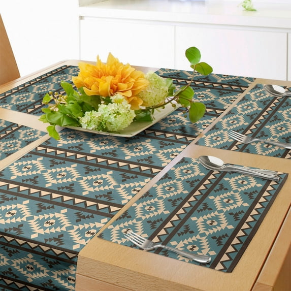 Ambesonne Tribal Table Runner & Placemats, Vintage Folkloric Ornament, Placemat 4 pcs + Runner 14"x72", Slate Blue and Beige