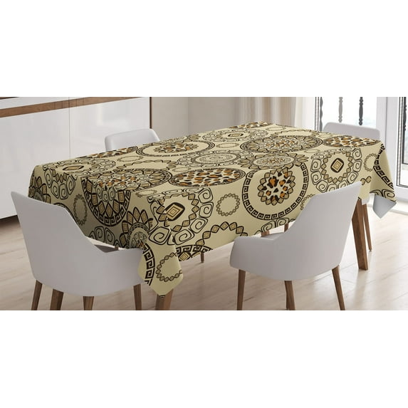 Ambesonne Tribal Tablecloth Rectangular Table Cover, Aboriginal, 52"x70", Pale Khaki and Multicolor