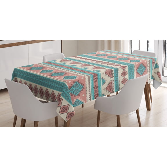 Ambesonne Tribal Tablecloth Rectangular Table Cover, Aztec Art Style, 60"x84", Cream Aqua and Peach