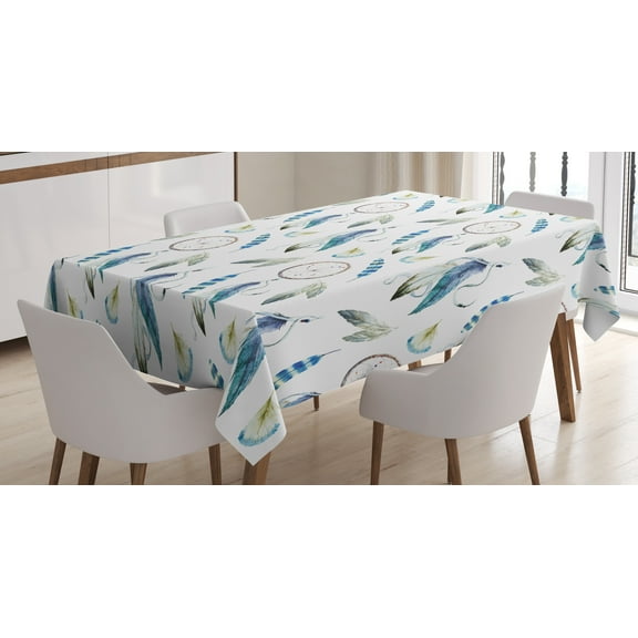 Ambesonne Tribal Tablecloth Rectangular Table Cover, Aztec Tribal Feahers, 52"x70", Violet Blue Pale Green