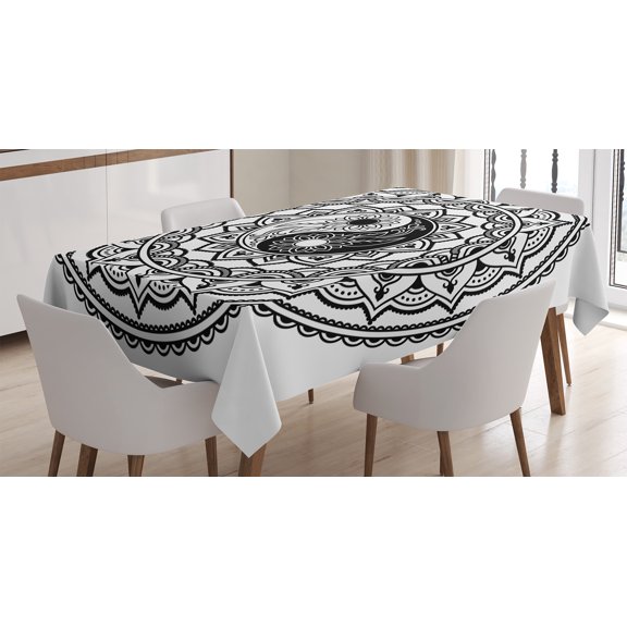 Ambesonne Tribal Tablecloth Rectangular Table Cover, Eastern Blossom Yin Yang, 60"x90", Black White