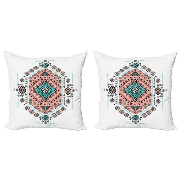 Ambesonne Tribal Throw Pillow Cover 2 Pack, Aztec Native Art Design, 16", Teal and Coral Pink