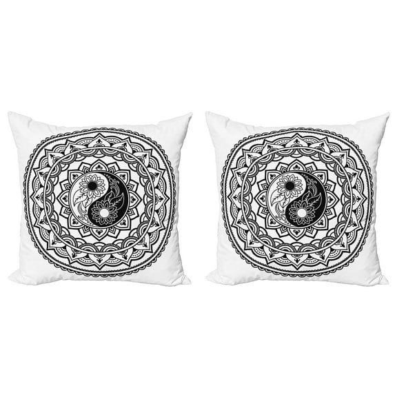 Ambesonne Tribal Throw Pillow Cover 2 Pack, Eastern Blossom Yin Yang, 16", Black White