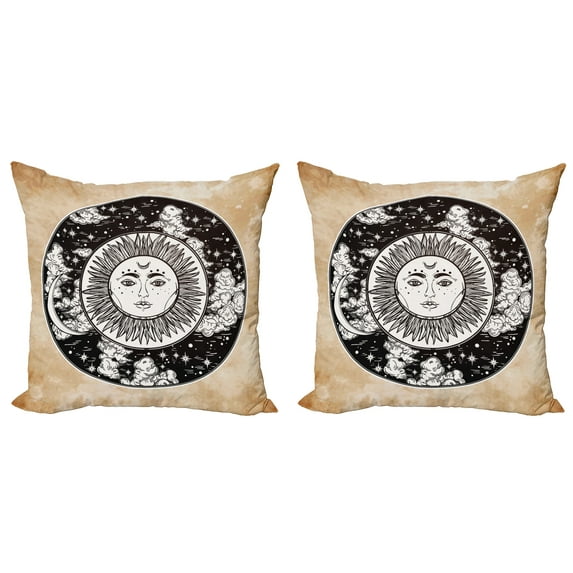 Ambesonne Tribal Throw Pillow Cover 2 Pack, Sun Face Moon, 20", Black White Cream