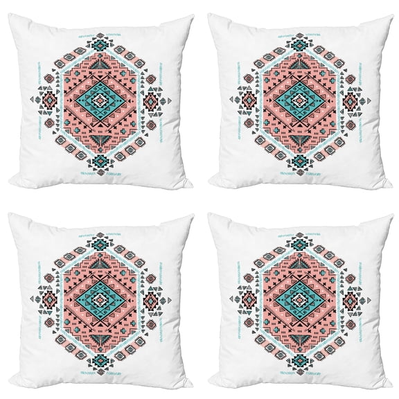 Ambesonne Tribal Throw Pillow Cover 4 Pack, Aztec Native Art Design, 20", Teal and Coral Pink