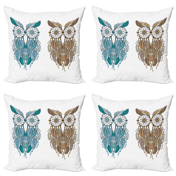 Ambesonne Tribal Throw Pillow Cover 4 Pack, Farsighted Birds, 20", Cream White Teal