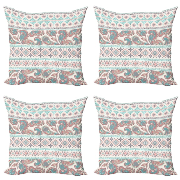 Ambesonne Tribal Throw Pillow Cover 4 Pack, Floral Paisley and Aztec, 18", Cream Aqua and Coral
