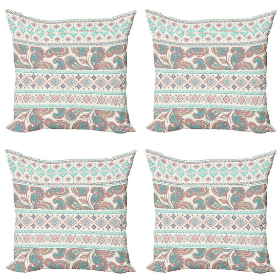Ambesonne Tribal Throw Pillow Cover 4 Pack, Floral Paisley and Aztec, 20", Cream Aqua and Coral