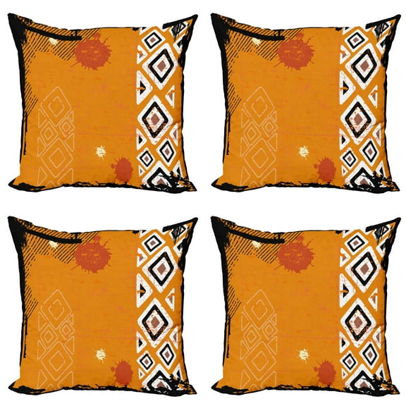 Ambesonne Tribal Throw Pillow Cover 4 Pack, Grungy Ethnic Triangles Art, 24", Black Orange and White