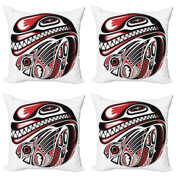 Ambesonne Tribal Throw Pillow Cover 4 Pack, Haida Animal Art, 16", White Red Black