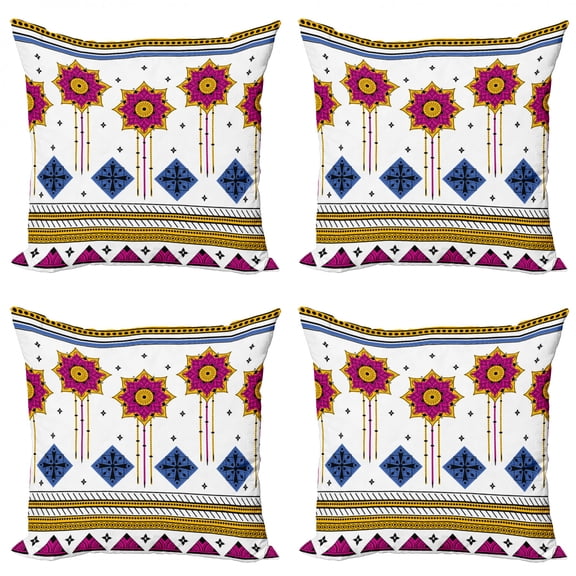 Ambesonne Tribal Throw Pillow Cover 4 Pack, Mayan Folkloric Cultural, 16", Blue Pale Coffee Fuchsia