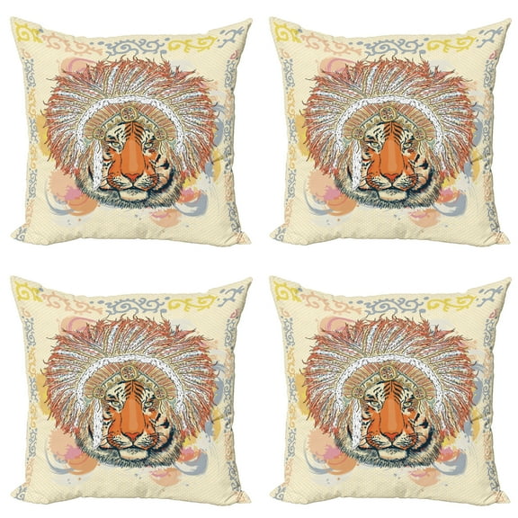 Ambesonne Tribal Throw Pillow Cover 4 Pack, Savannah Bohemian Wild Tiger, 18", Orange and Peach
