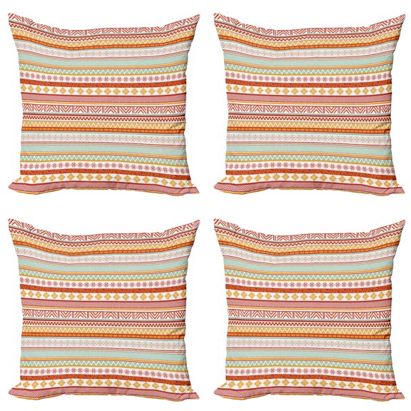 Ambesonne Tribal Throw Pillow Cover 4 Pack, Striped with Art, 18", Marigold Red and Tan