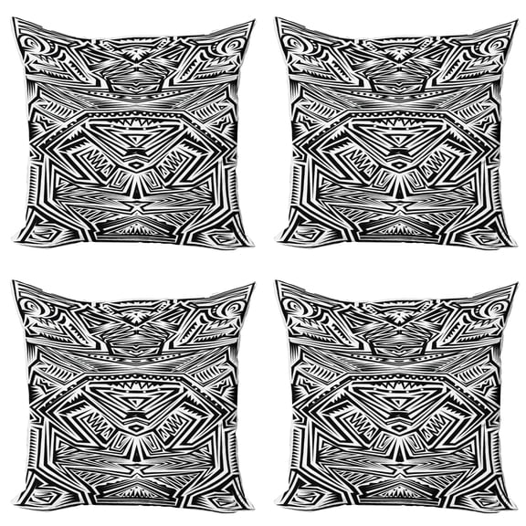 Ambesonne Tribal Throw Pillow Cover 4 Pack, Tattoo Inspired Maori Form, 24", Black and White