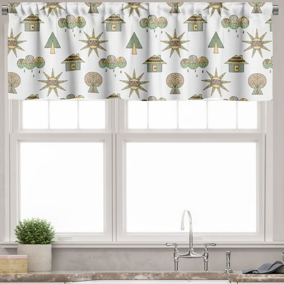 Ambesonne Tribal Valance Pack of 2, Sun Rain Cloud Trees House, 42"X12", Multicolor