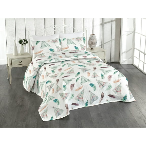Ambesonne Tribal Vibes Quilted Bedspread Set 3 Pcs, Western Tent Print, Twin, Teal White Multicolor