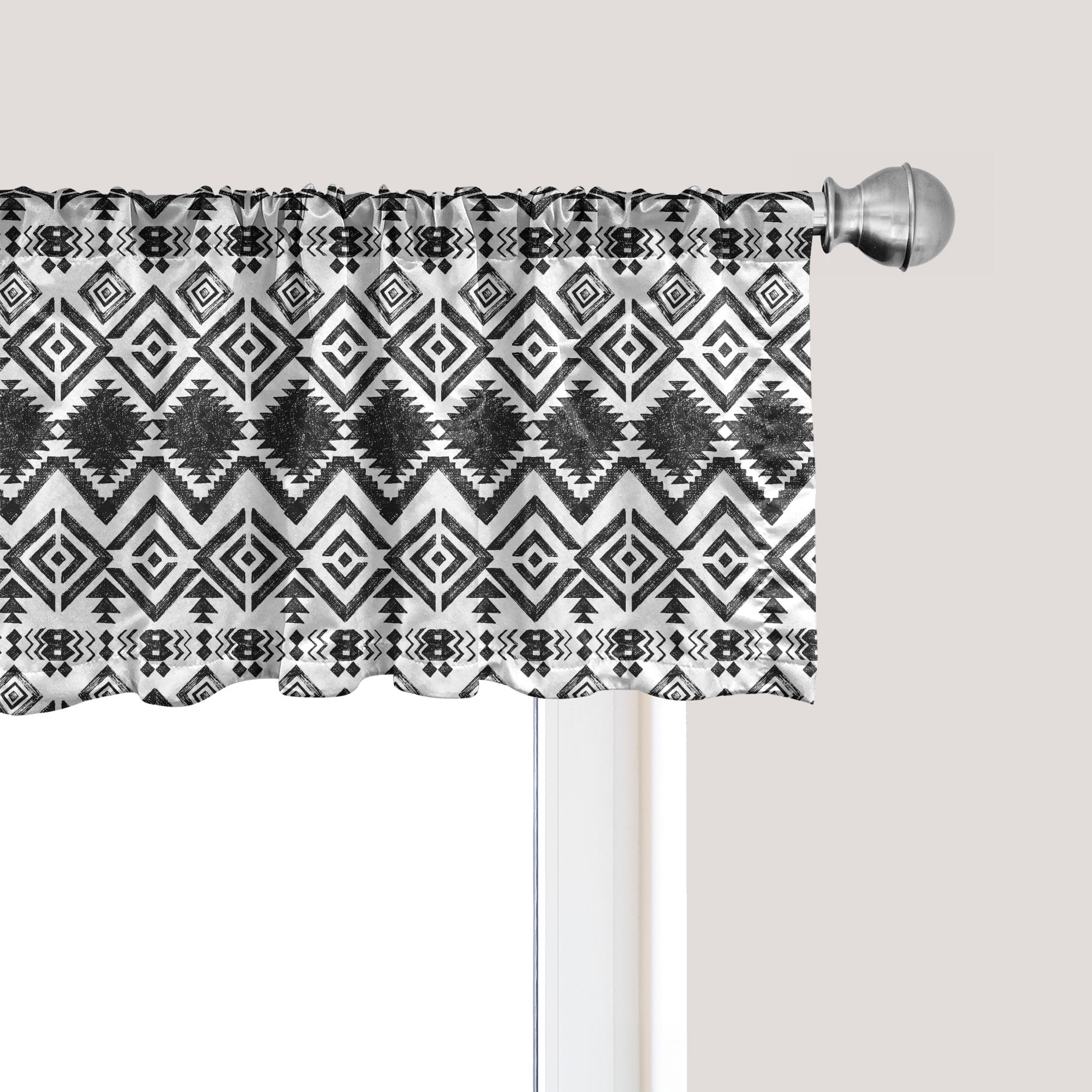 Black and White Aztec Sketched Rod Pocket Valance
