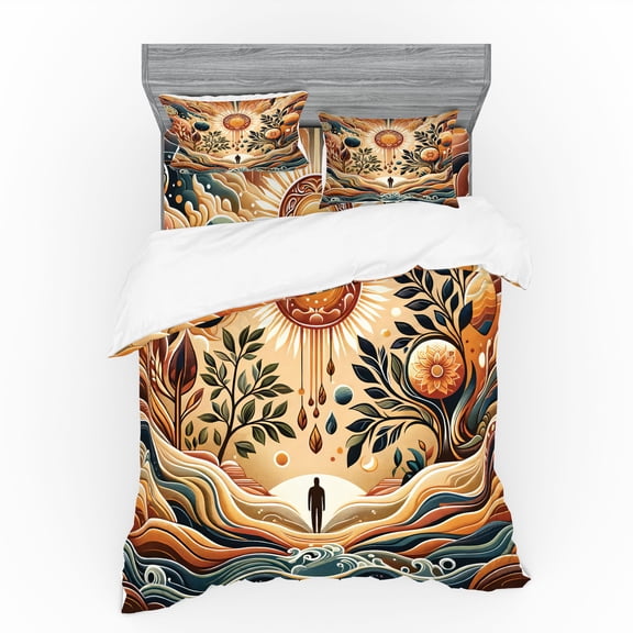 Ambesonne Trippy Bedding Set 4 Pcs, Bohemian Huddles of Clouds, Queen, Pale Brown Petrol Blue