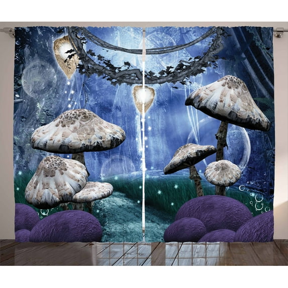 Ambesonne Trippy Curtains 2 Panel Set, Dreamy Forest Mushroom, 108" x 90", Multicolor