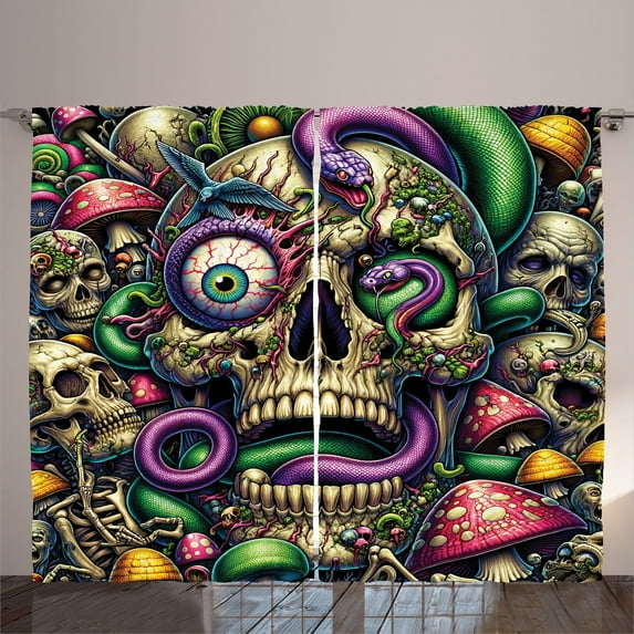 Ambesonne Trippy Curtains 2 Panel Set, Huddle Spooky Snake Skulls, 108" x 63", Green Purple Pale Khaki