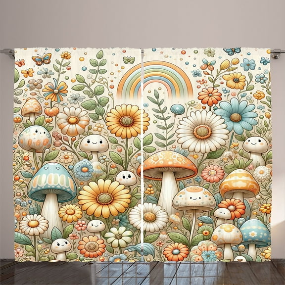 Ambesonne Trippy Curtains 2 Panel Set, Pastel Mushroom Garden Art, 108" x 96", Orange Blue and Green