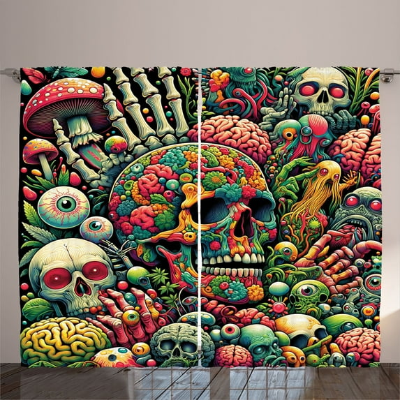 Ambesonne Trippy Curtains 2 Panel Set, Psychedelic Monsters Land, 108" x 84", Lime Green Pink Teal