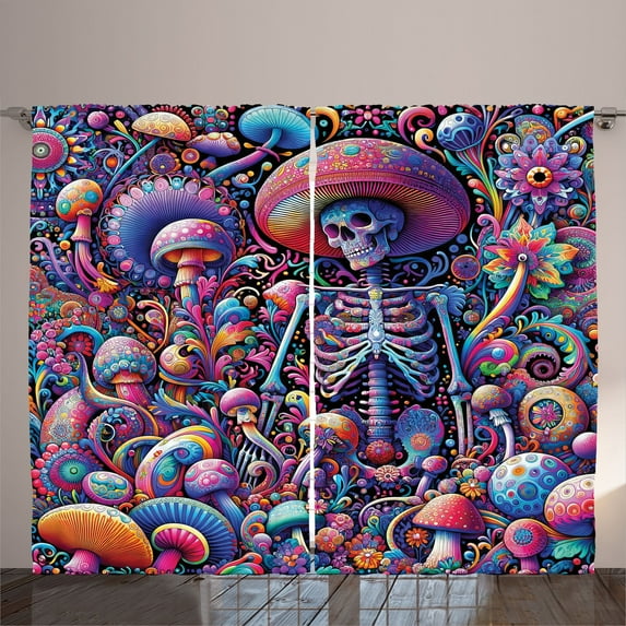 Ambesonne Trippy Curtains 2 Panel Set, Rave Skeleton Mushrooms Art, 108" x 63", Magenta Indigo Multicolor