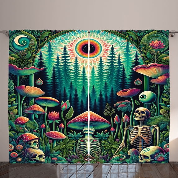 Ambesonne Trippy Curtains 2 Panel Set, Woodland Vines Skeleton Art, 108" x 96", Fern Green Seafoam Coral