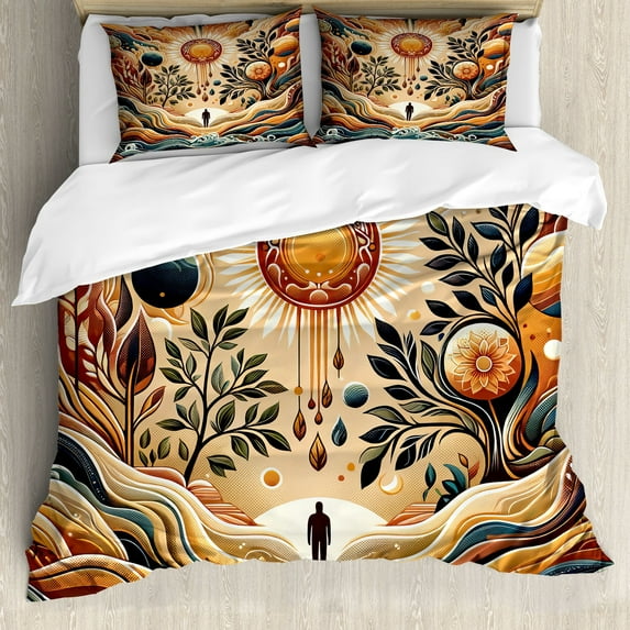 Ambesonne Trippy Duvet Cover Set, Bohemian Huddles of Clouds, Queen, Pale Brown Petrol Blue