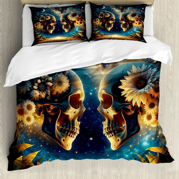 Ambesonne Trippy Duvet Cover Set, Goth Romance Lovers Space, King, Sea Blue Dark Yellow