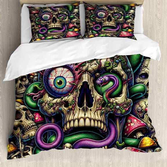 Ambesonne Trippy Duvet Cover Set, Huddle Spooky Snake Skulls, King, Green Purple Pale Khaki