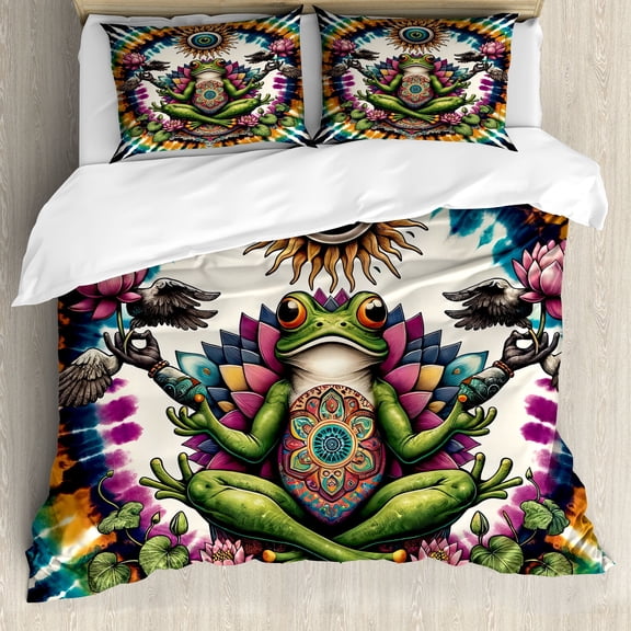 Ambesonne Trippy Duvet Cover Set, Psychedelic Frog Esoteric, King, Lime Green Apricot Teal