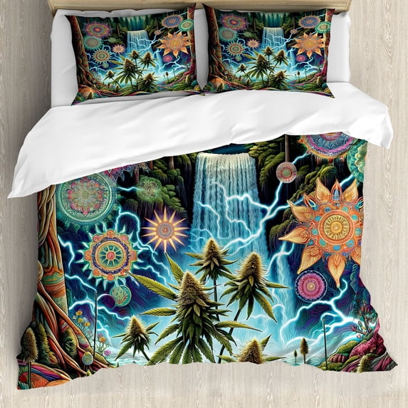 Ambesonne Trippy Duvet Cover Set, Psychedelic Mandala Woods, Queen, Multicolor Reseda Green