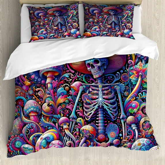 Ambesonne Trippy Duvet Cover Set, Rave Skeleton Mushrooms Art, Queen, Magenta Indigo Multicolor