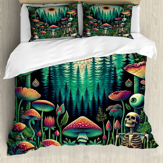 Ambesonne Trippy Duvet Cover Set, Woodland Vines Skeleton Art, King, Fern Green Seafoam Coral