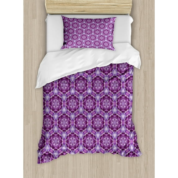 Ambesonne Trippy Duvet Cover Sets, Fractal Prehistoric Mosaic, 2-Twin, Dark Purple and Violet