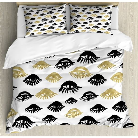 Ambesonne Trippy Duvet Cover Sets, Woman Eyes Love Modern Art, 2-Queen, Yellow and Black