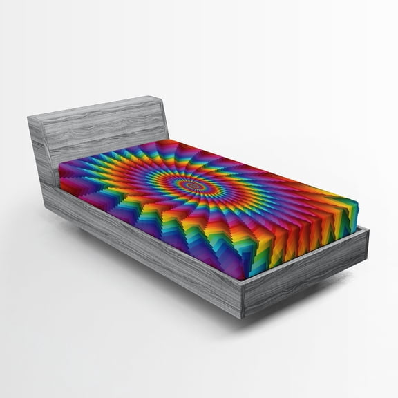 Ambesonne Trippy Fitted Sheet 2 Pcs Set, Vibrant Rainbow Spiral, Twin, Multicolor