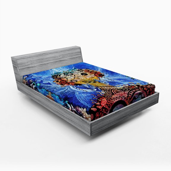 Ambesonne Trippy Fitted Sheet, Indie Sketch Retro Style, Queen Size, Blue Brown