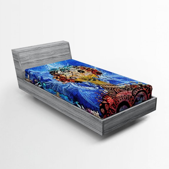 Ambesonne Trippy Fitted Sheet, Indie Sketch Retro Style, Twin Size, Blue Brown