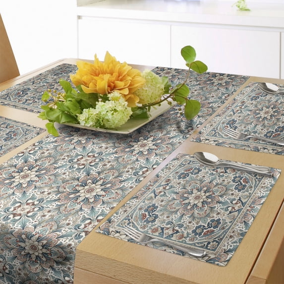 Ambesonne Trippy Floral Table Runner & Placemats, Leafy Huddles Flowers, Placemat 4 pcs + Runner 12"x90", Pale Teal Pale Mustard
