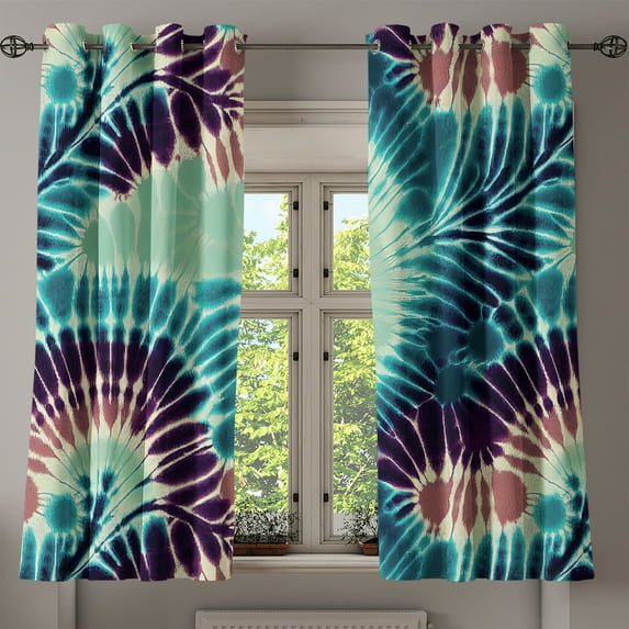 Ambesonne Trippy Grommet Curtain, Nostalgic Swirls Hippie Vibe, 50"x63", Teal Cinnamon and Plum