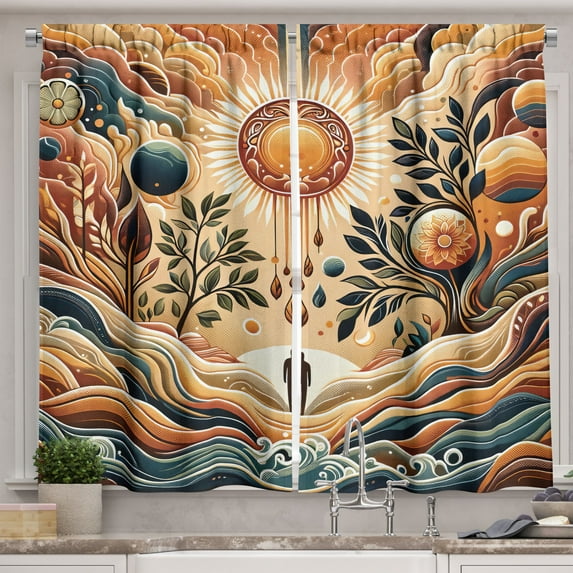 Ambesonne Trippy Kitchen Curtains, Bohemian Huddles of Clouds, 55"x30", Pale Brown Petrol Blue