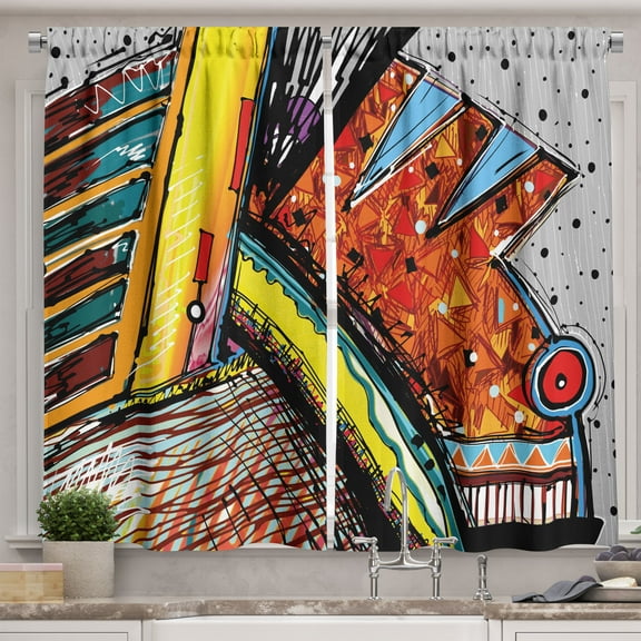 Ambesonne Trippy Kitchen Curtains, Funky Abstract Music, 55"x39", Multicolor